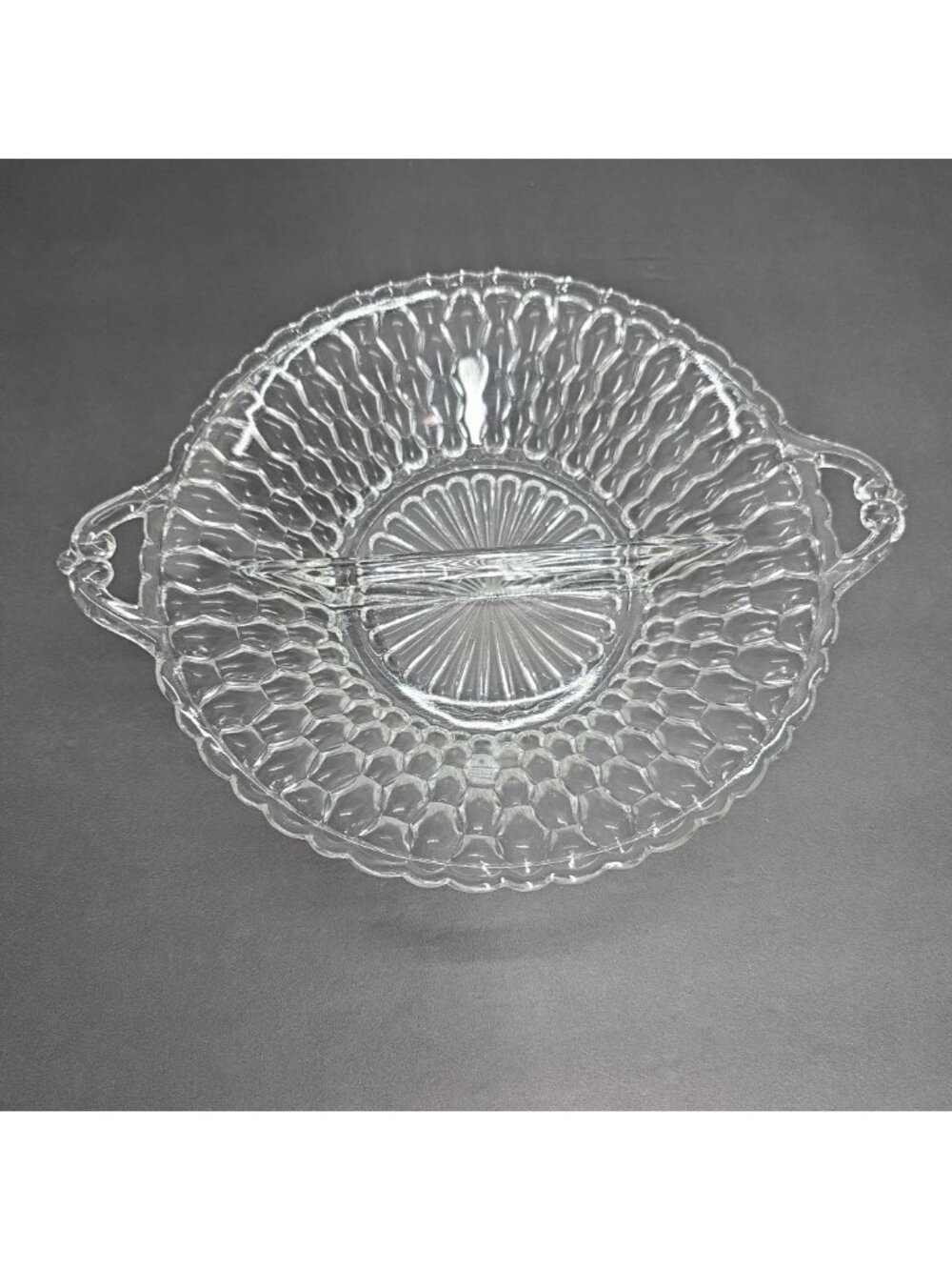 Vintage Indiana Glass Honeycomb Handled Clear Divided Relish Candy Dish Bowl Art